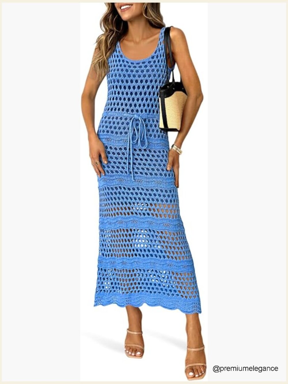 Crochet Beach Cover Up Dress Sleeveless Scoop Neck Drawstring Long